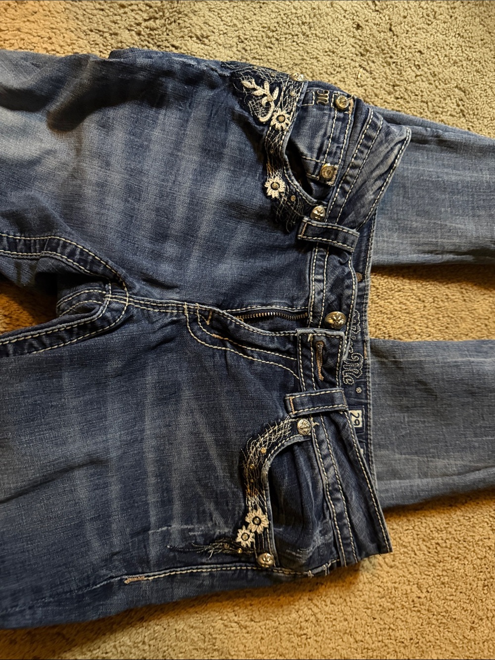 Miss Me Dark Blue Skinny Jeans with Floral Embroidery
